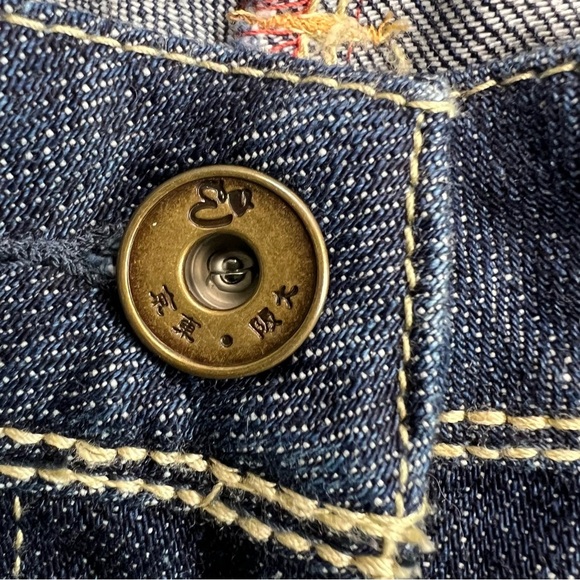 EVISU Indigo Genes Japan Selvedge Denim Jeans Low Rise Bootcut Size 30 Dark Wash - Picture 8 of 15